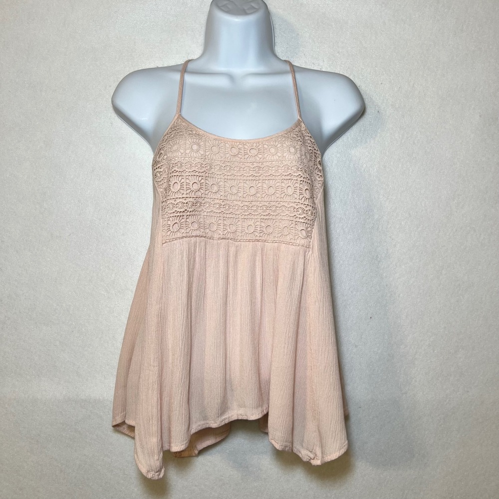Bleuh Ciel Cottage Boho Babydoll Crochet Lace Racerback Cami Top Soft Pink M